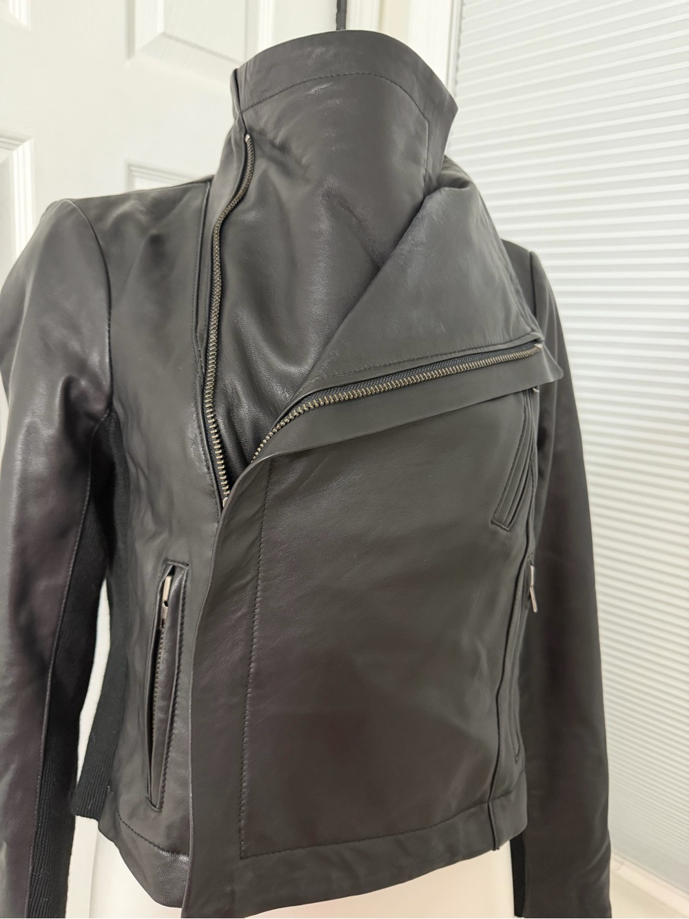 INC International Concepts Women's Black Leather Asymmetrical Collar Jacket